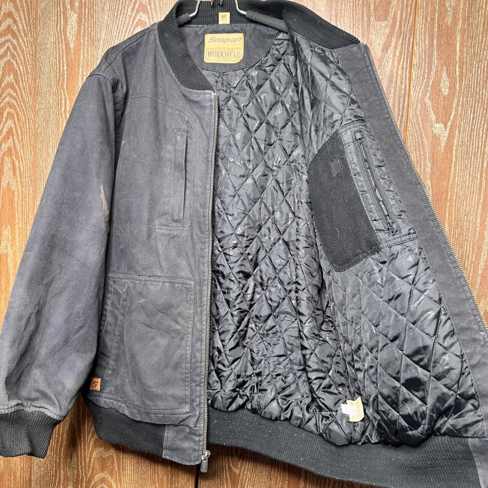 Snap-on Workwear 2X Black Canvas Quilted Bomber Jacket USA Flag Patch Distressed - Picture 9 of 12